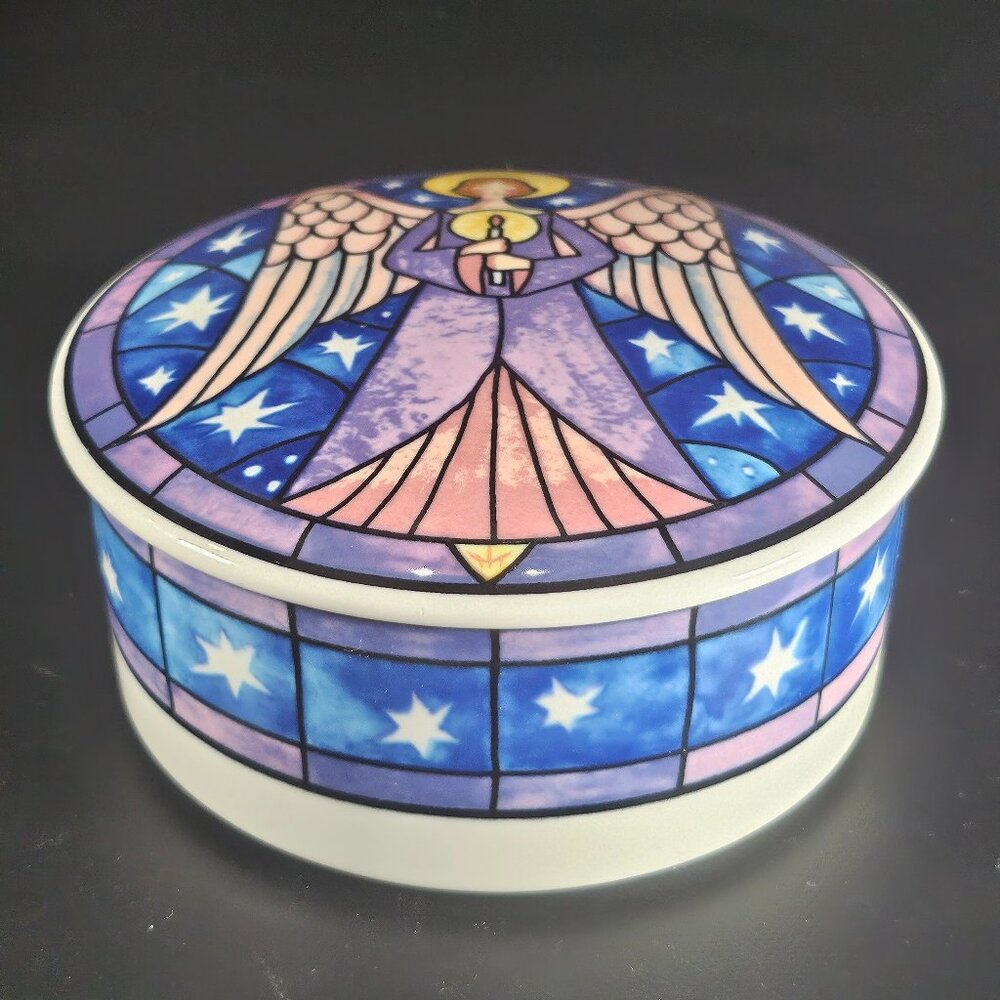 Mikasa Angel Round Trinket Jar With Lid Colorful Stain Glass Design. Christmas